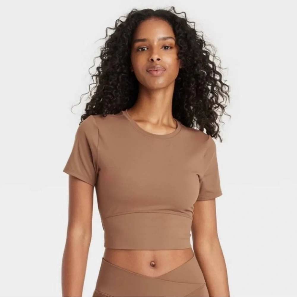 Joy Lab Brown Short Sleeve Crop Top Women Size XL Solid Athletic Activewear New